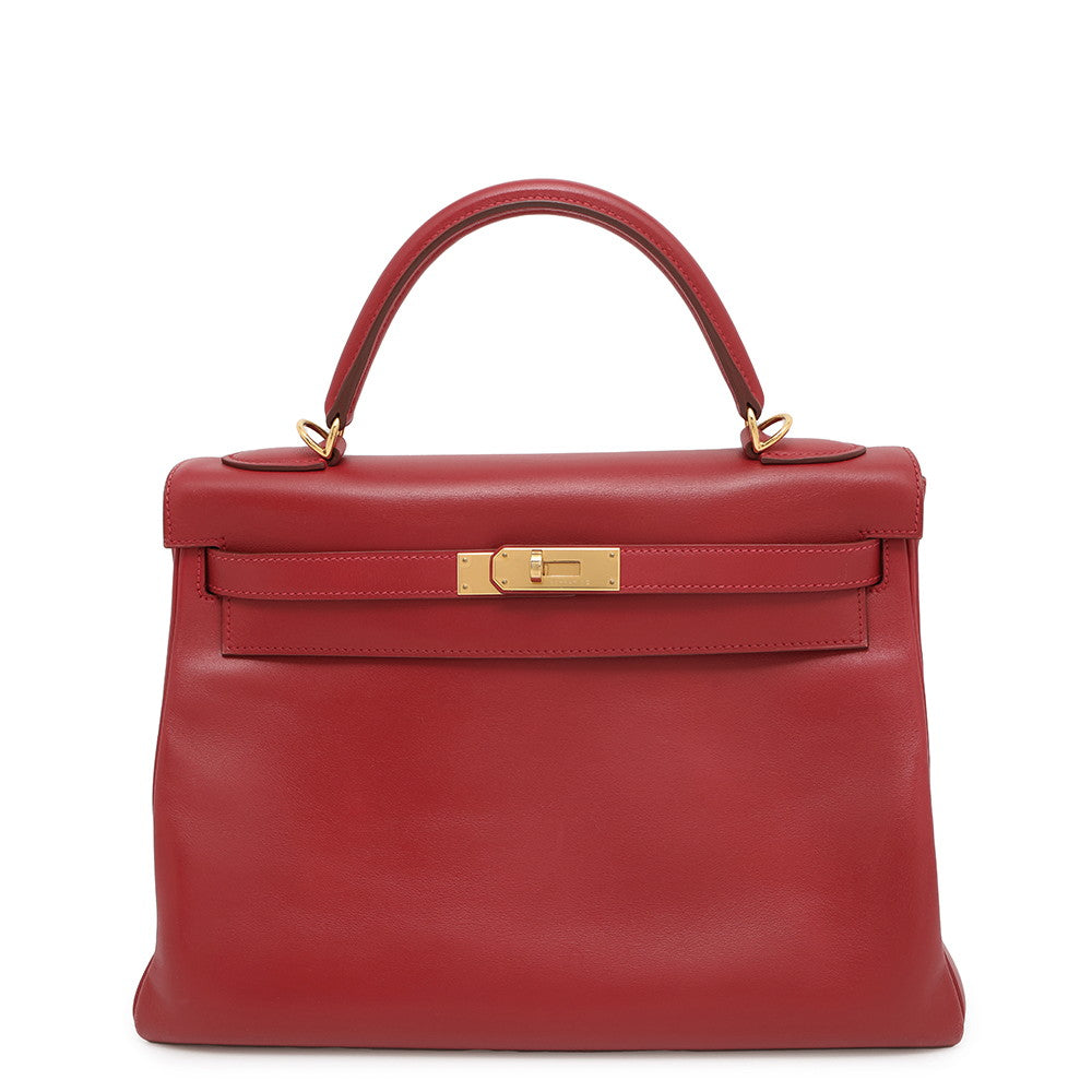 HERMES Kelly Retourne Rouge Vif Box Calf Leather Size 32