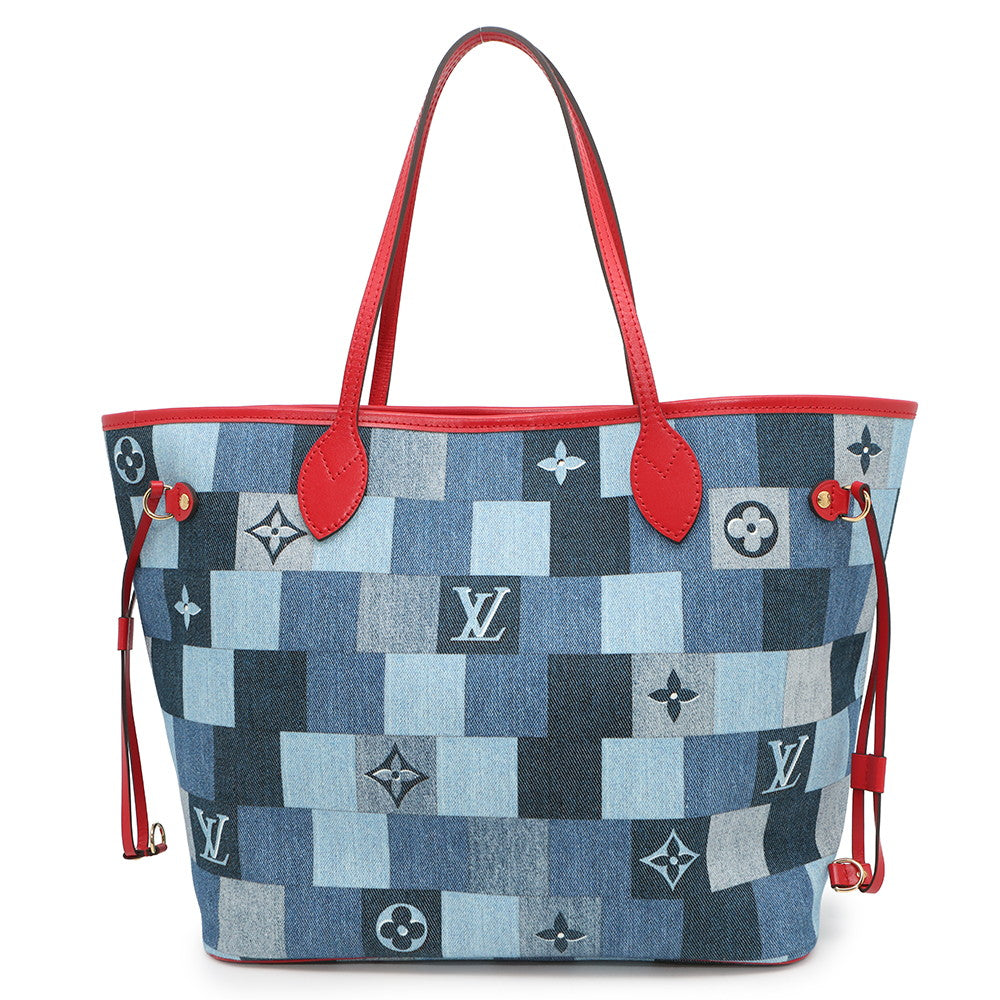 LOUIS VUITTON Square Patchwork Neverfull Blue/RedM44981 Monogram Denim Size MM