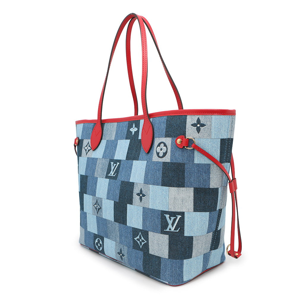 LOUIS VUITTON Square Patchwork Neverfull Blue/RedM44981 Monogram Denim Size MM