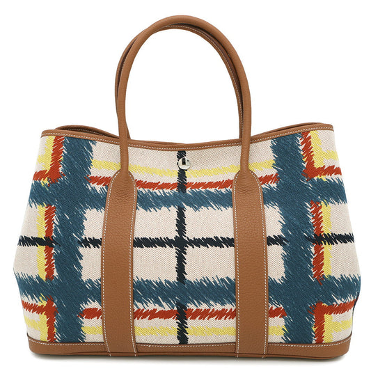 HERMES Garden Party Tartan Cross Check Gold/Ecru/Beige/Deep Blue/JauneCitron Toile HPlume Negonda Leather Size PM