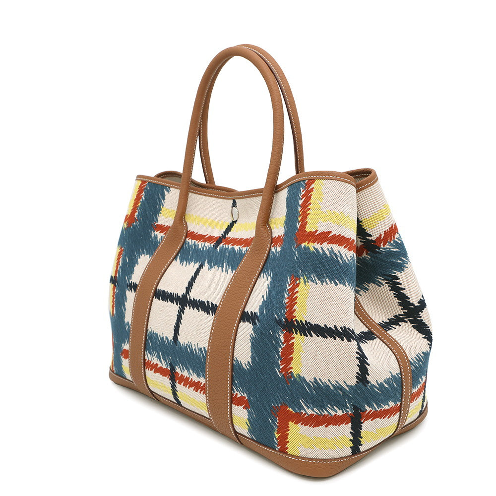 HERMES Garden Party Tartan Cross Check Gold/Ecru/Beige/Deep Blue/JauneCitron Toile HPlume Negonda Leather Size PM
