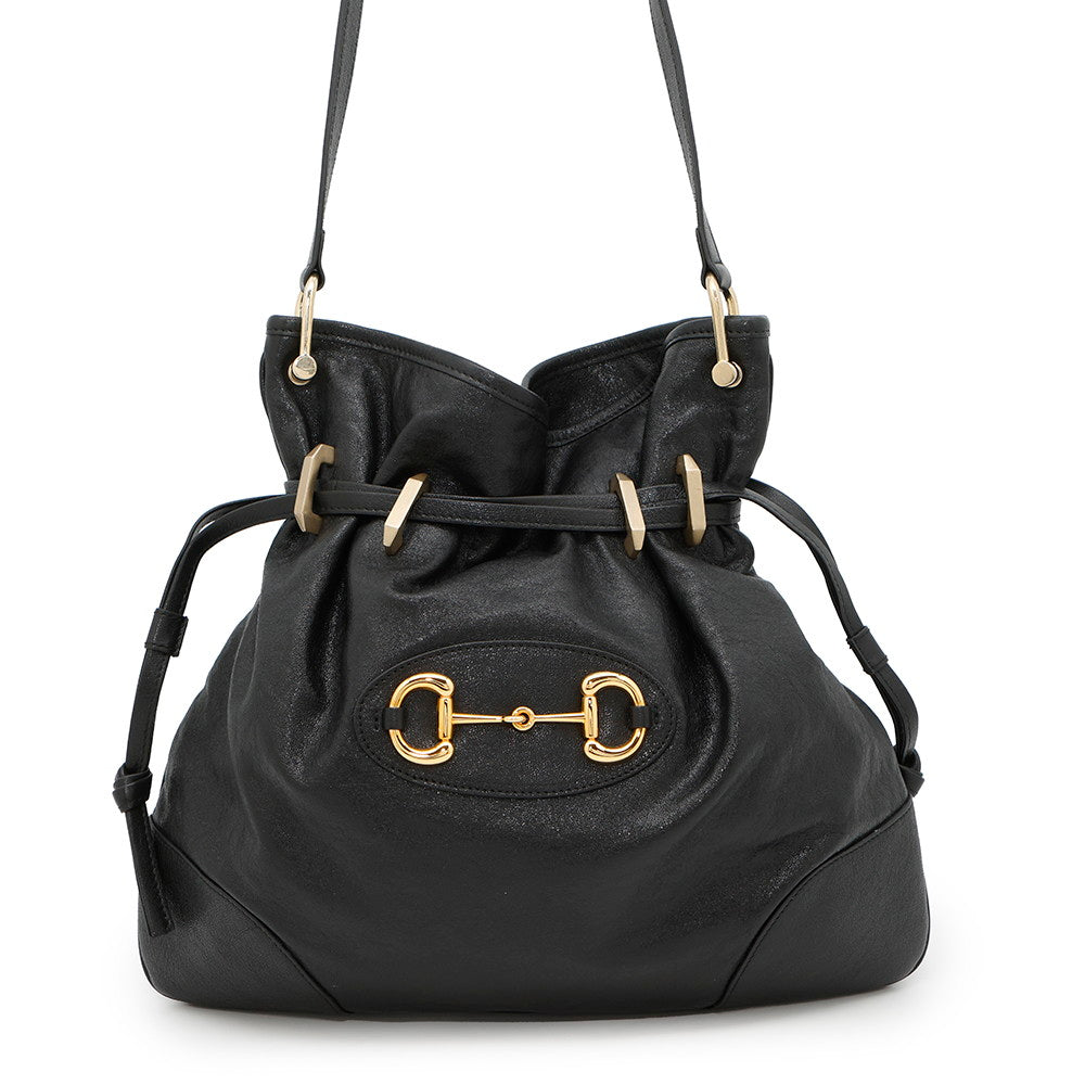 GUCCI Horsebit1955 Drawstring Shoulder Bag Black602089 Leather
