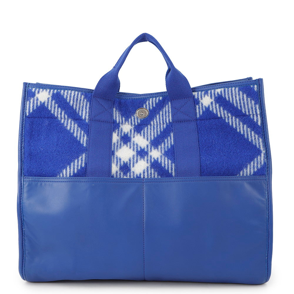 BURBERRY Check Shopper Tote Bag Blue8075132 Wool Leather