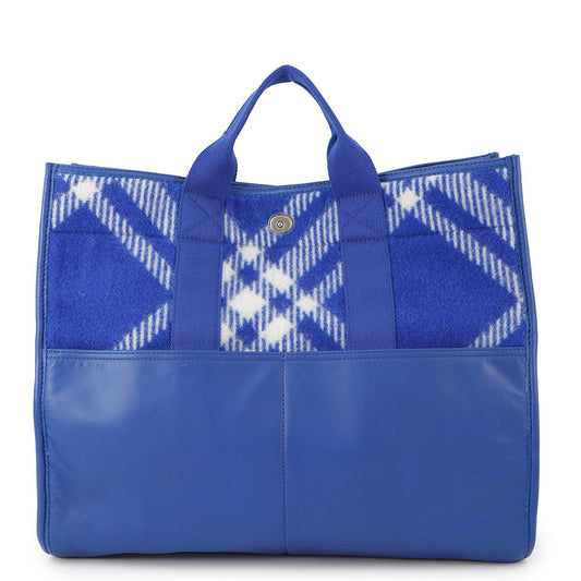 BURBERRY Check Shopper Tote Bag Blue8075132 Wool Leather