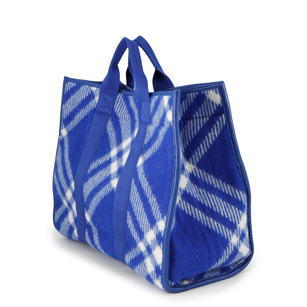 BURBERRY Check Shopper Tote Bag Blue8075132 Wool Leather