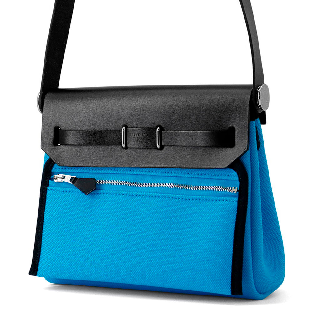 HERMES Herbag zip Blue Riviera/Black Toile Military Vache Hunter Leather Size Mini