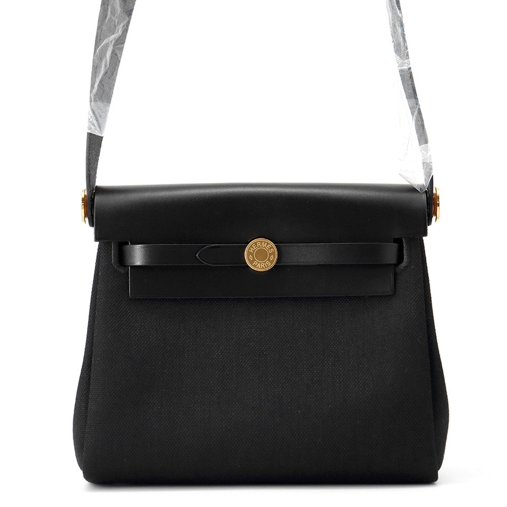 HERMES Herbag zip Black Toile Military Vache Hunter Leather Size Mini