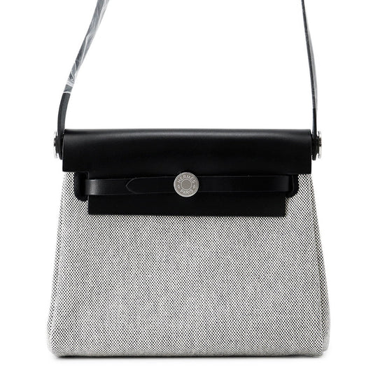 HERMES Herbag zip Ecru/Black Toile Military Vache Hunter Leather Size Mini