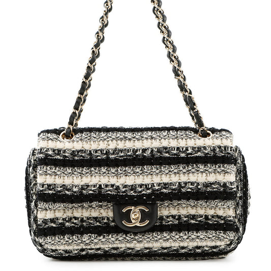 CHANEL Matelasse WChainShoulder Bag White/Black Tweed Leather Size 25