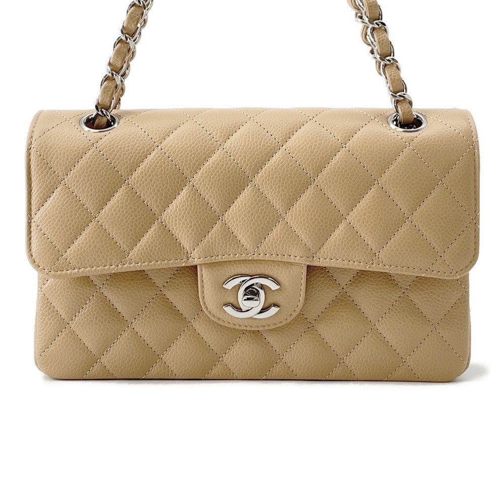 CHANEL Matelasse W Flap ChainShoulder Bag BeigeA01113 Caviar Leather Size 23