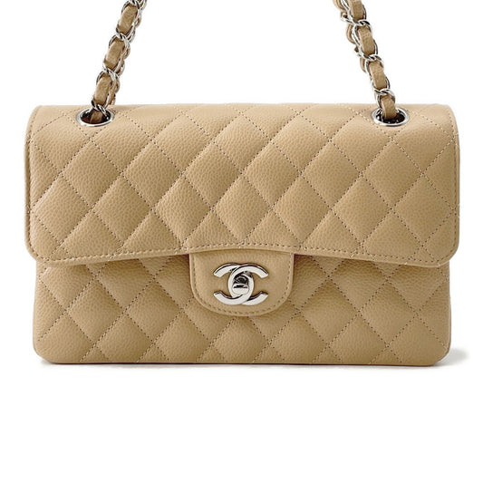 CHANEL Matelasse W Flap ChainShoulder Bag BeigeA01113 Caviar Leather Size 23