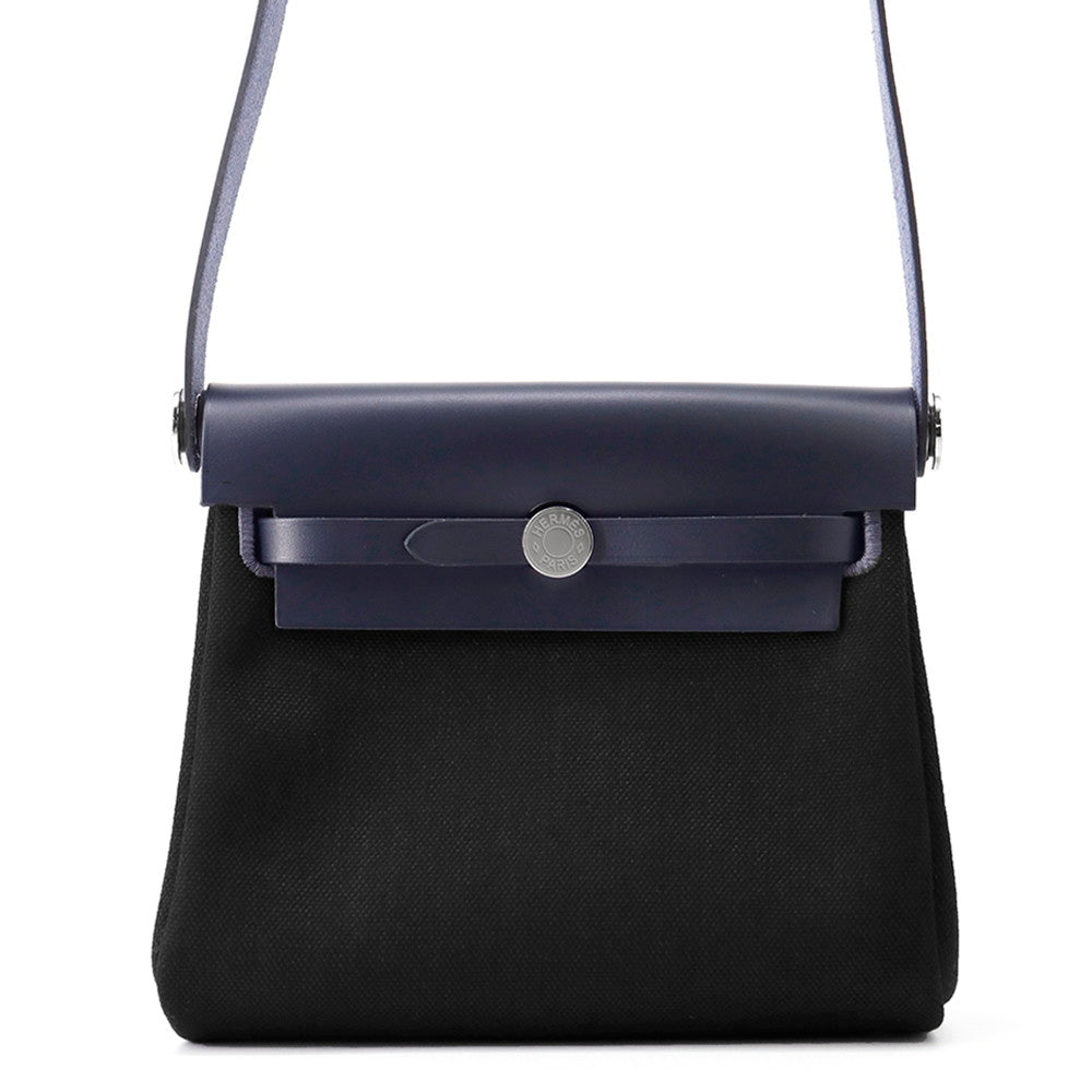 HERMES Herbag zip Blue Indigo/Black Toile Military Vache Hunter Leather Size Mini