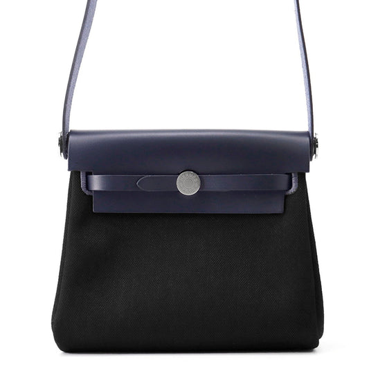 HERMES Herbag zip Blue Indigo/Black Toile Military Vache Hunter Leather Size Mini