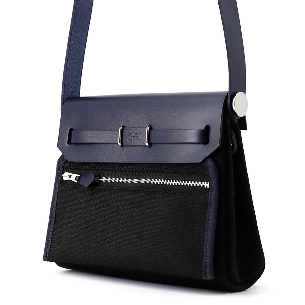 HERMES Herbag zip Blue Indigo/Black Toile Military Vache Hunter Leather Size Mini