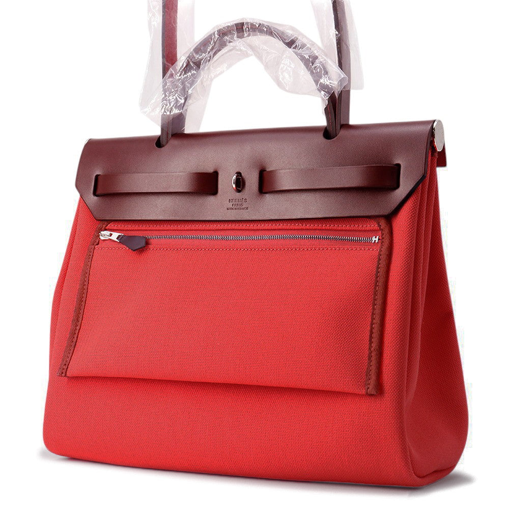 HERMES Herbag Zip Le Tourne Rouge Piment/Rouge HPM Toile Officier Vache Hunter Leather Size PM/31