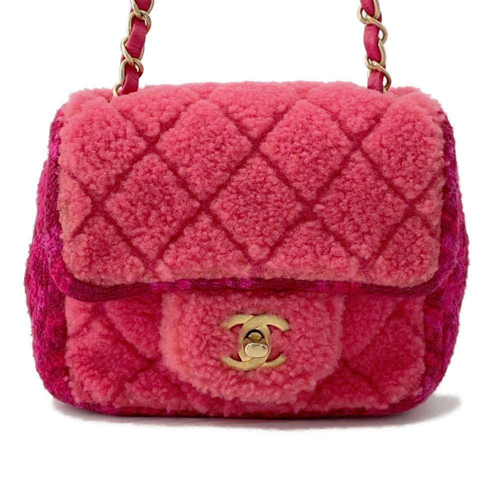 CHANEL Mini Matelasse ChainShoulder Red/Pink Tweed Boa Size Mini