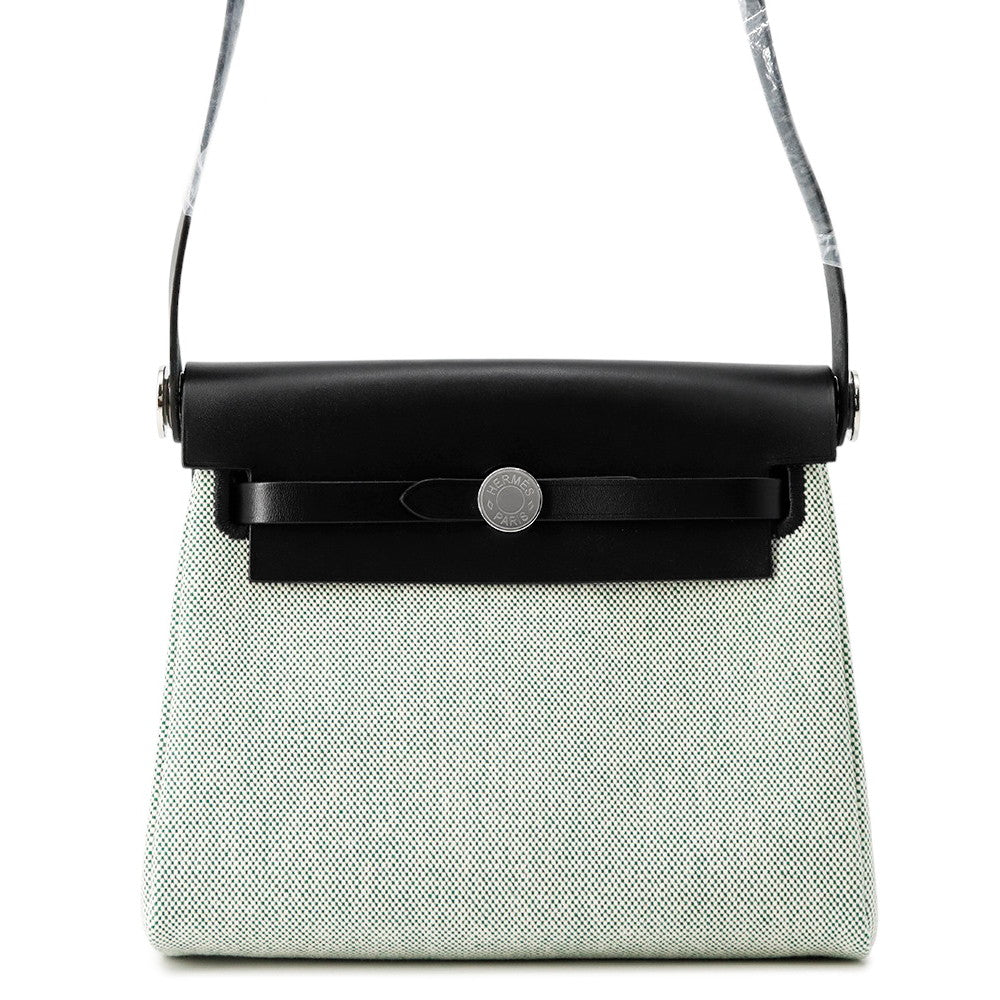 HERMES Herbag zip Ecru/Black Toile Military Vache Hunter Leather Size Mini