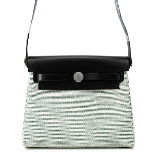 HERMES Herbag zip Ecru/Black Toile Military Vache Hunter Leather Size Mini