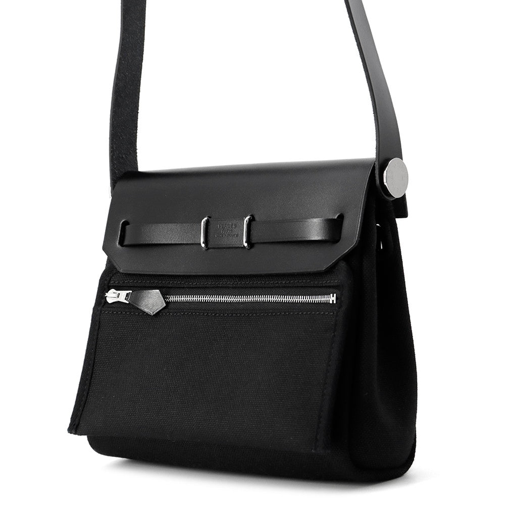 HERMES Herbag zip Black Toile Military Vache Hunter Leather Size Mini