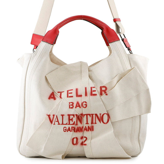 Valentino Garavani Atelier 02 Bow Edition 2-Way Tote Beige/RedUW0B0H95SVJ Canvas Leather