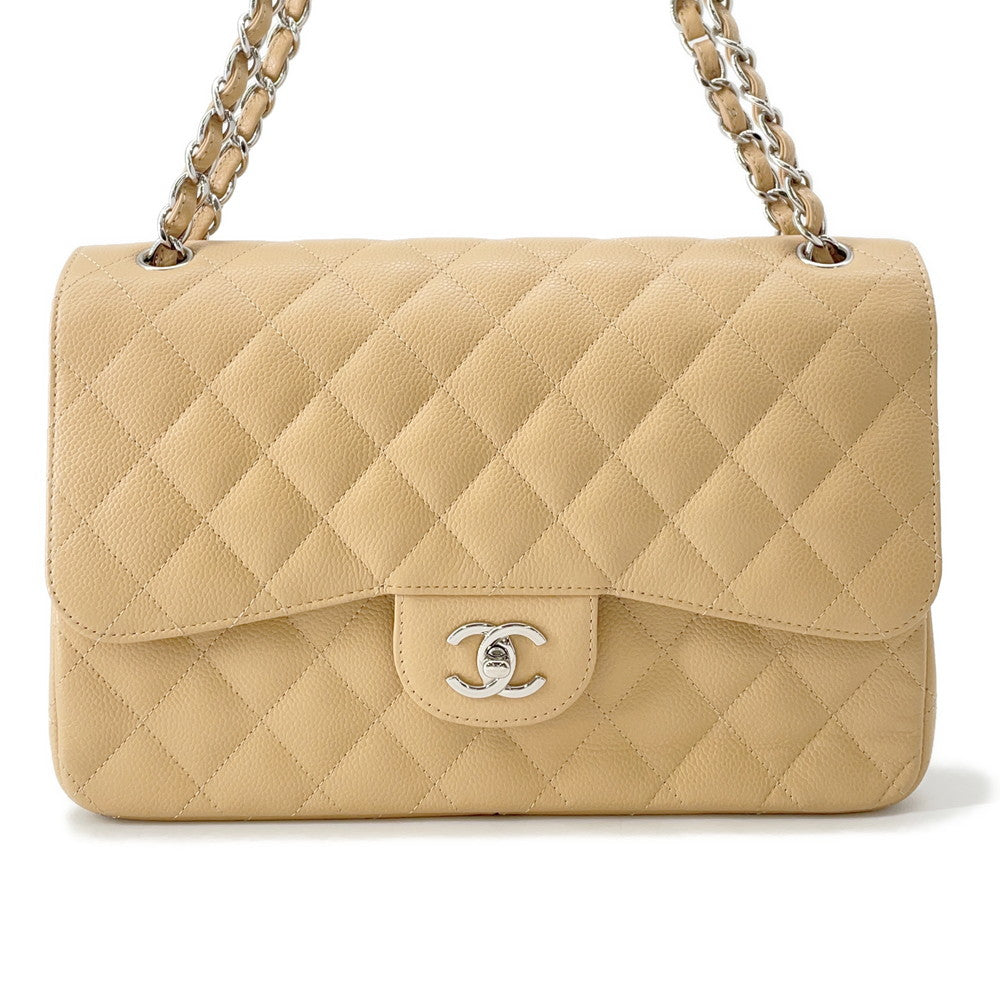 CHANEL Matelasse W Flap ChainShoulder Bag BeigeA58600 Caviar Leather Size 30