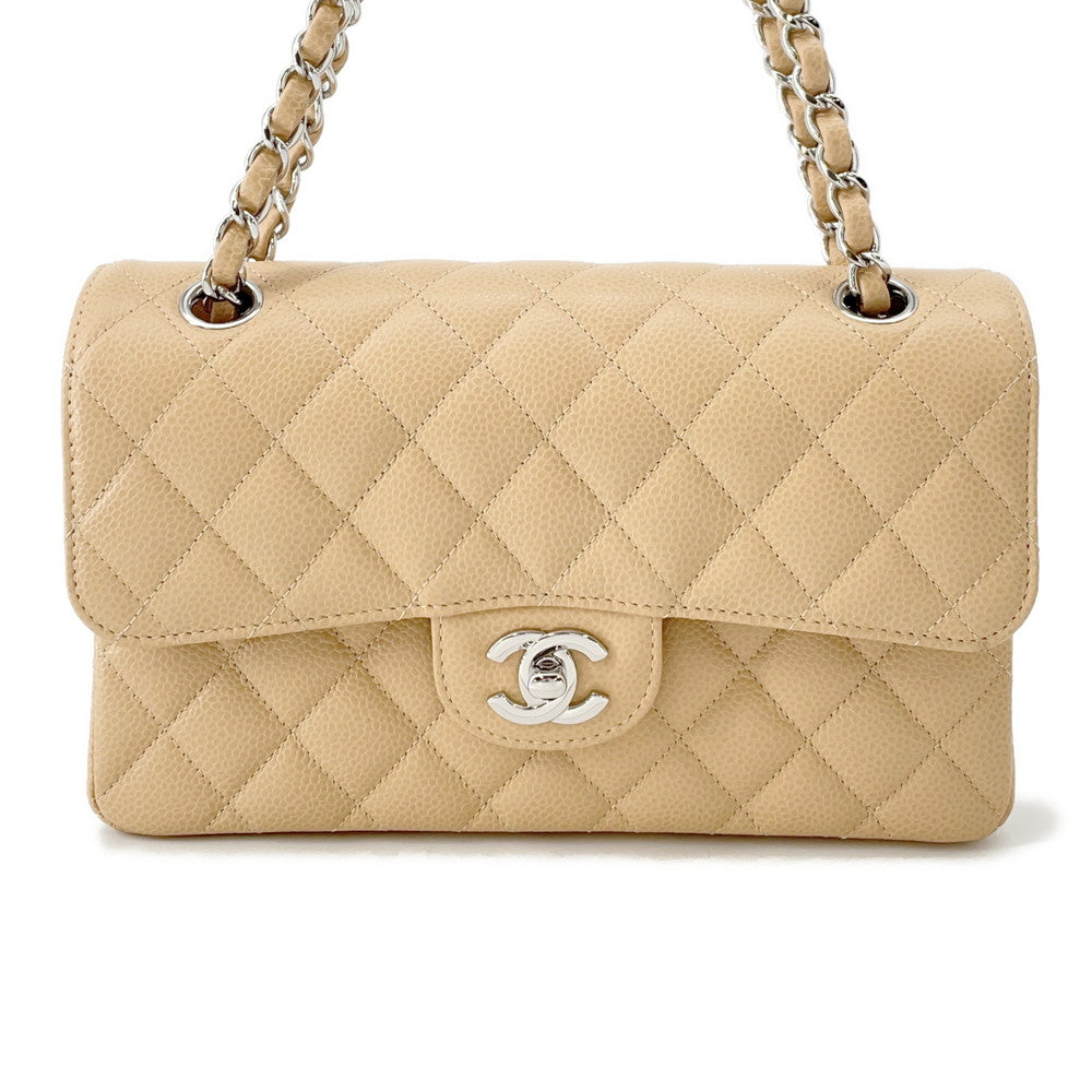 CHANEL Matelasse W Flap ChainShoulder Bag BeigeA01113 Caviar Leather Size 23