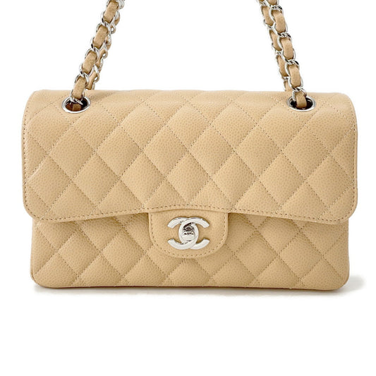 CHANEL Matelasse W Flap ChainShoulder Bag BeigeA01113 Caviar Leather Size 23