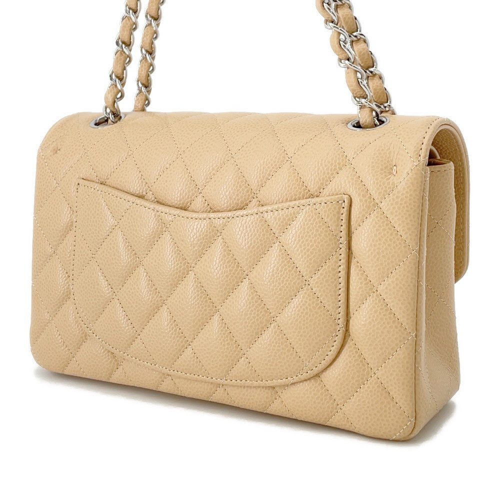 CHANEL Matelasse W Flap ChainShoulder Bag BeigeA01113 Caviar Leather Size 23