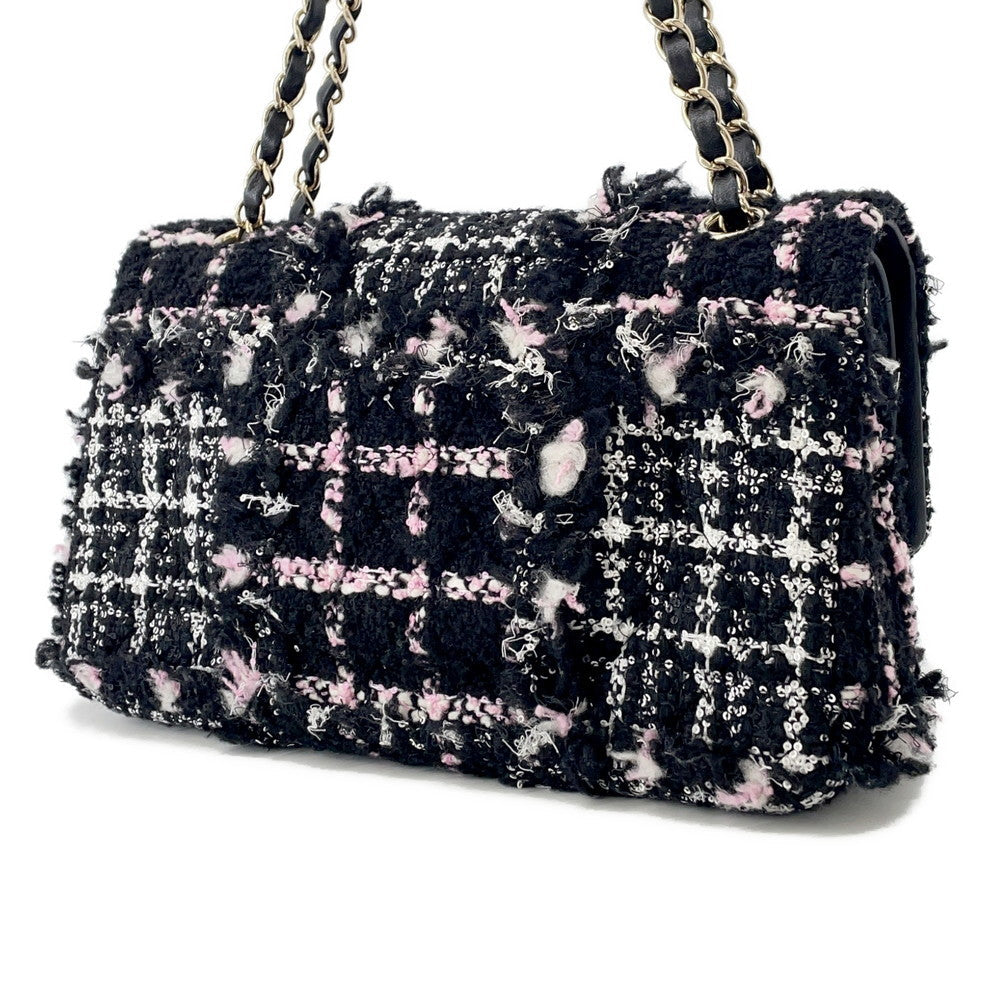 CHANEL Matelasse ChainShoulder Bag Black/White/PinkA01112 Tweed Lambskin Sequins Size 25