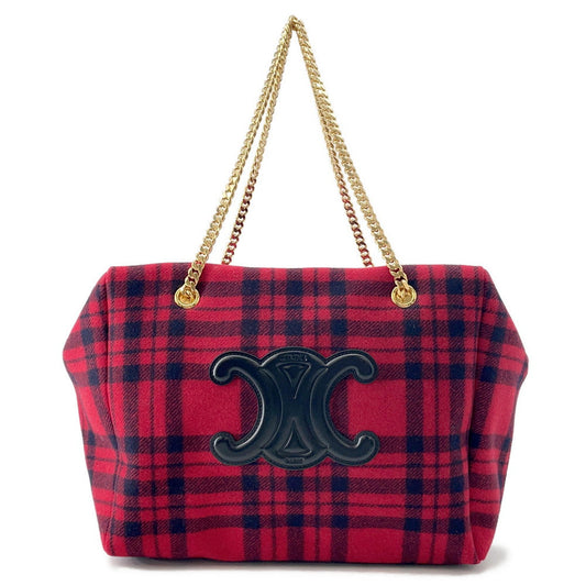 CELINE Triomphe Pliage Check Chain Tote Bag Red/Black197562 Wool Leather Size Large