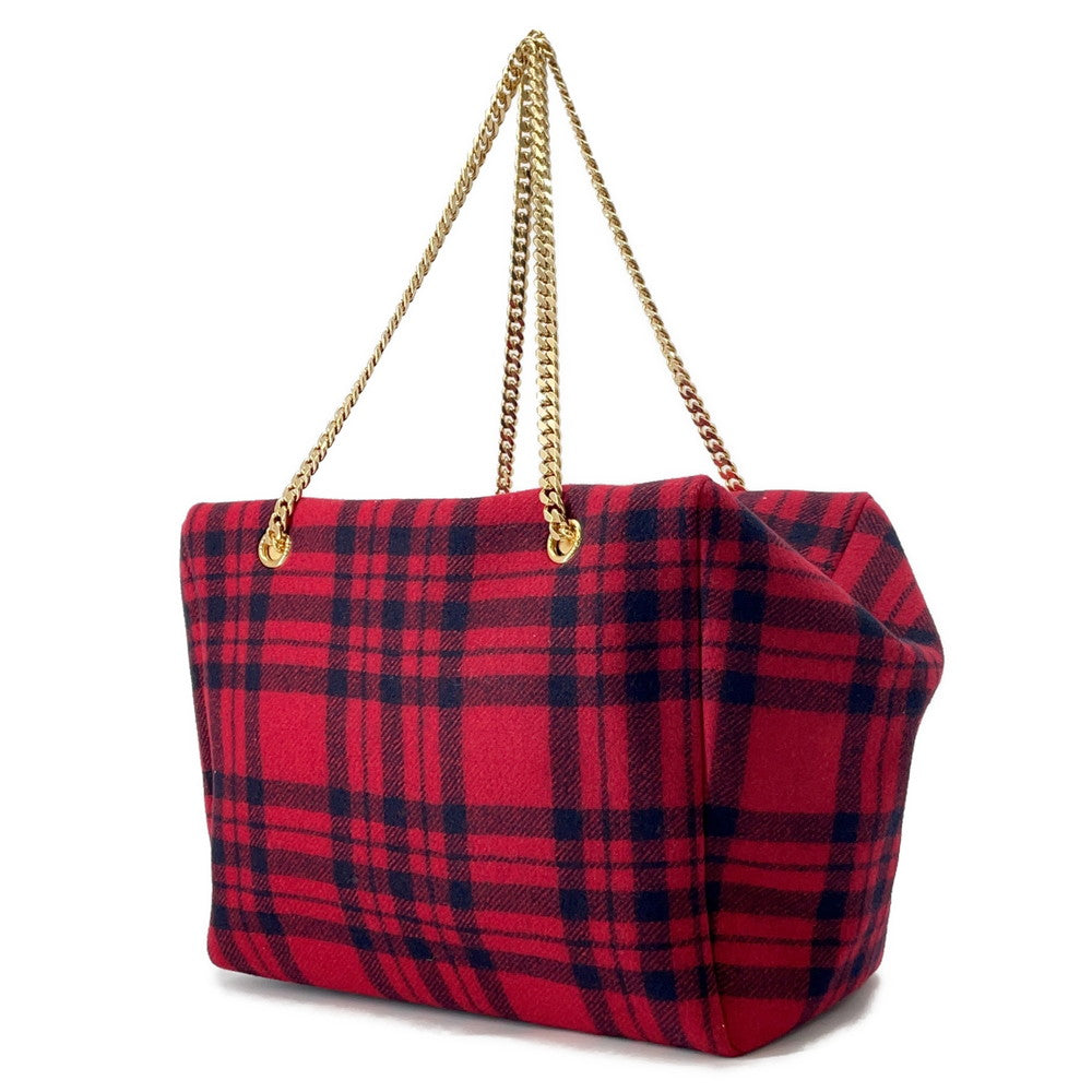 CELINE Triomphe Pliage Check Chain Tote Bag Red/Black197562 Wool Leather Size Large