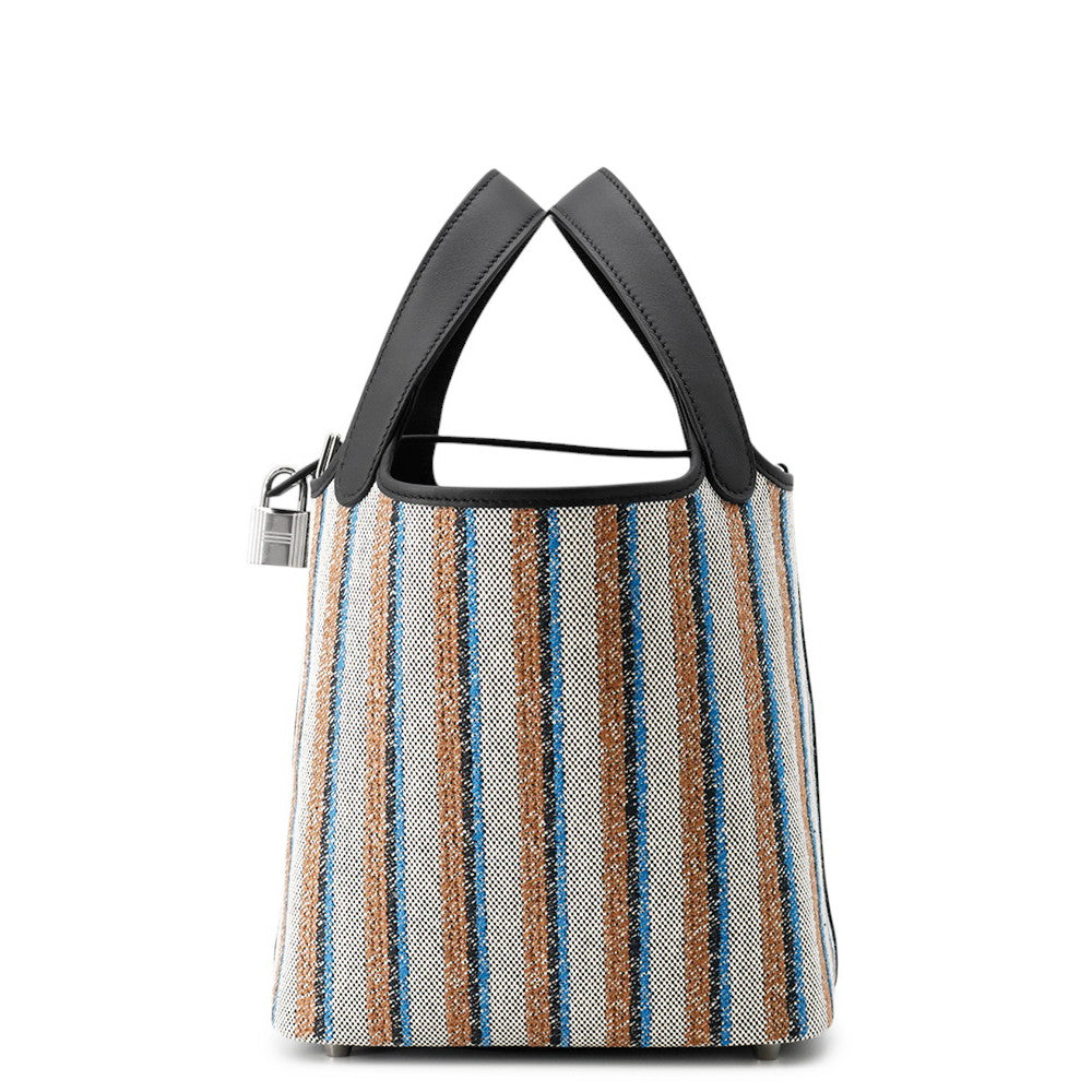 HERMES Picotin Lock Blanket Black /Ecru/Fauve/Blue Zanzibar Toile H Swift Leather Size PM