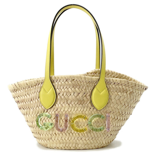 GUCCI Logo Basket Bag Yellow/Natural782381 Straw Leather
