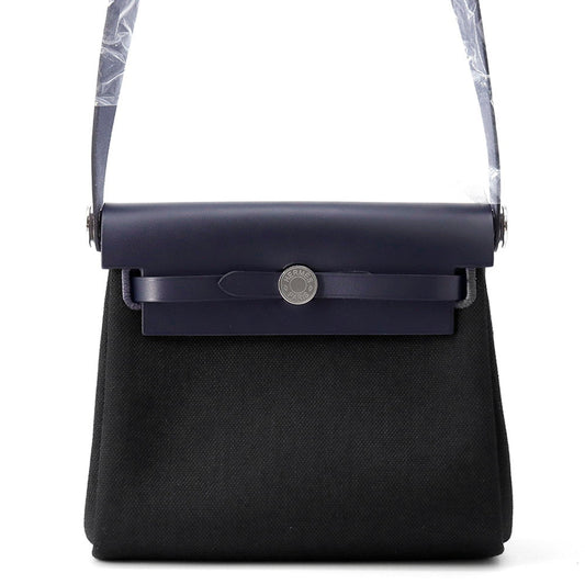 HERMES Herbag zip Blue Indigo/Black Vache Hunter Leather Toile Military Size Mini
