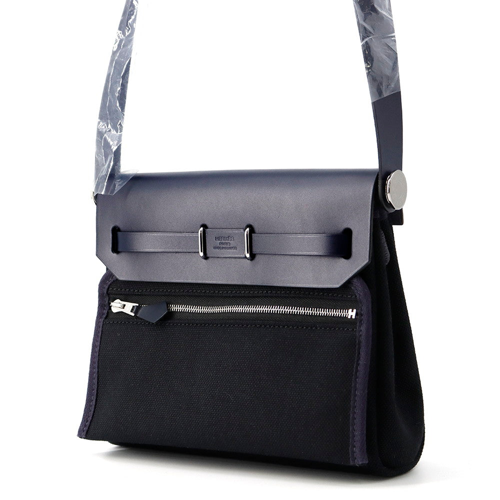 HERMES Herbag zip Blue Indigo/Black Vache Hunter Leather Toile Military Size Mini