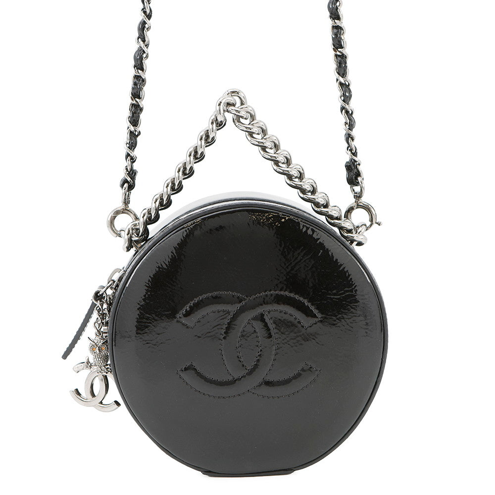 CHANEL Double Chain Round Shoulder Bag Black Patent Leather