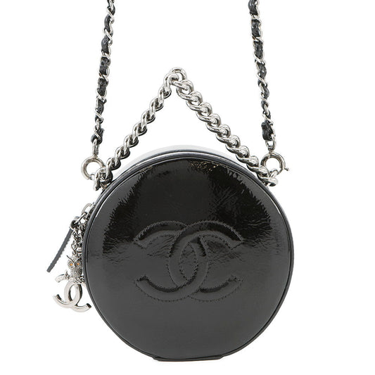 CHANEL Double Chain Round Shoulder Bag Black Patent Leather