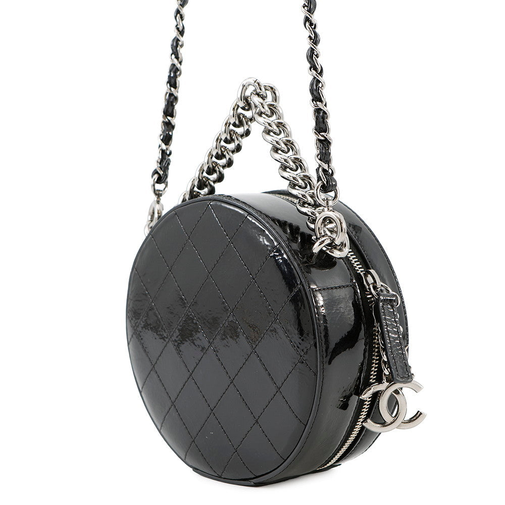 CHANEL Double Chain Round Shoulder Bag Black Patent Leather