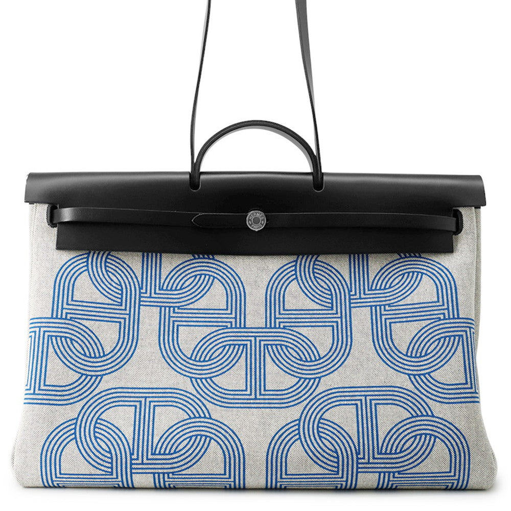 HERMES Herbag Zip Letournet Cabin Ecru/Blue Zellige/Black Toile Military Vache Hunter Leather Size 50