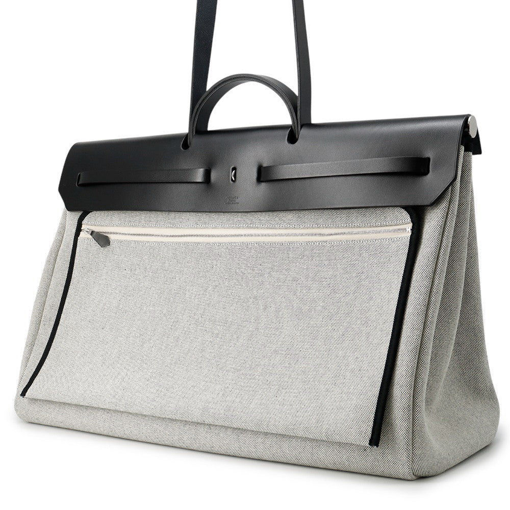HERMES Herbag Zip Letournet Cabin Ecru/Blue Zellige/Black Toile Military Vache Hunter Leather Size 50