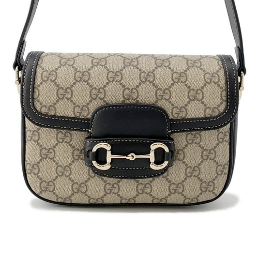 GUCCI GG Supreme Horsebit 1955 Soft Shoulder Bag Beige/Black815205 PVC Leather Size Small