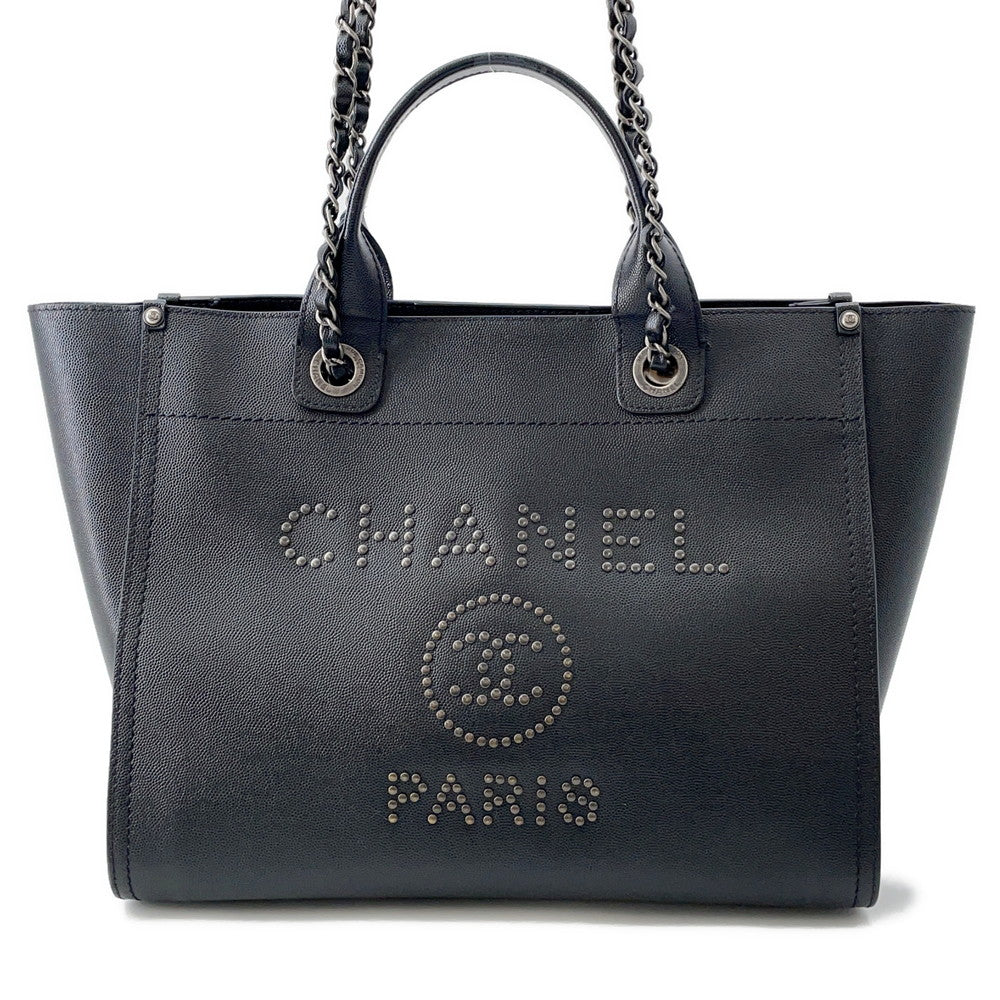 CHANEL Deauville Chain Tote Shopping Bag BlackA57069 Caviar Leather Size GM