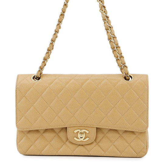 CHANEL Matelasse W Flap ChainShoulder Bag BeigeA01112 Caviar Leather Size 25