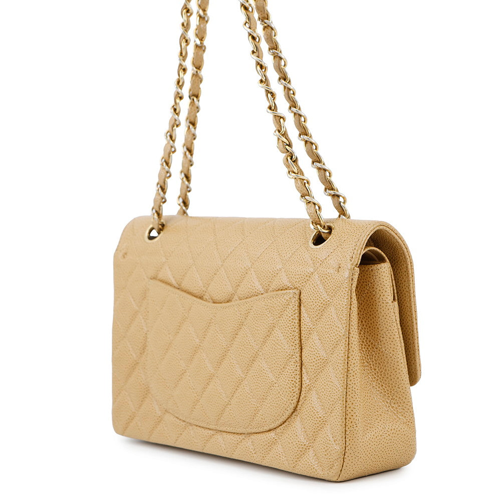 CHANEL Matelasse W Flap ChainShoulder Bag BeigeA01112 Caviar Leather Size 25