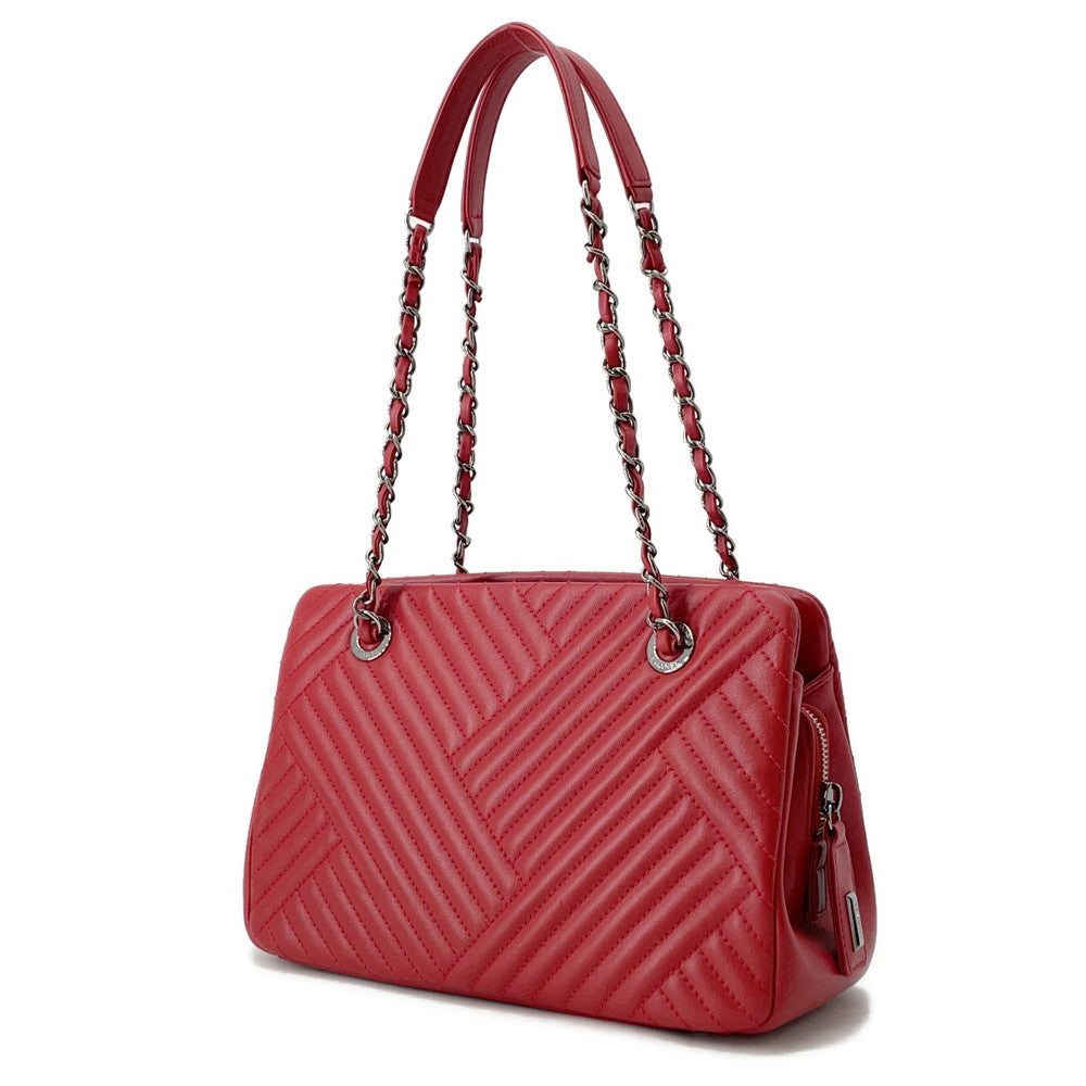 CHANEL Chevron WChain Tote Red Lambskin
