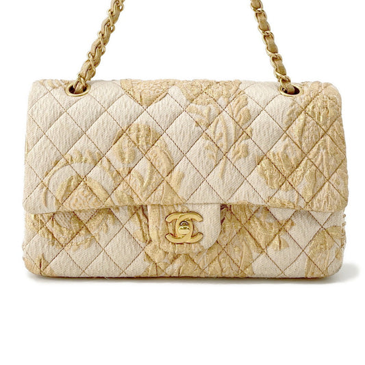 CHANEL Matelasse Double Flap Jacquard Chain Shoulder Bag Gold CottonJersy