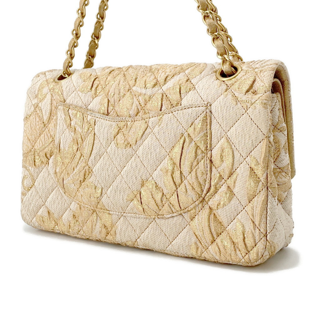 CHANEL Matelasse Double Flap Jacquard Chain Shoulder Bag Gold CottonJersy