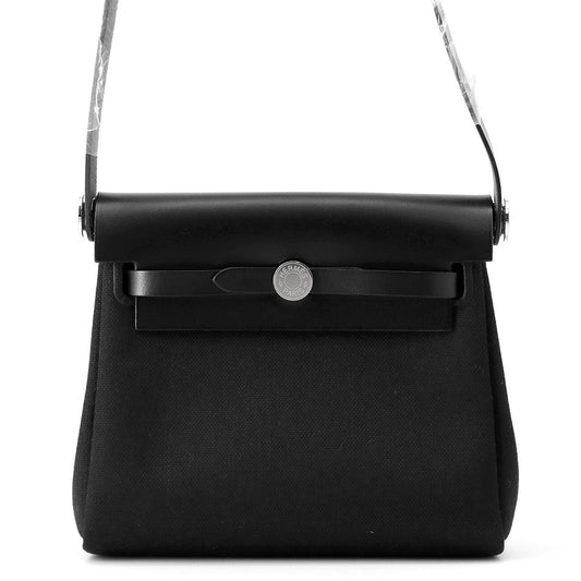 HERMES Herbag zip Black Toile Military Vache Hunter Leather Size Mini