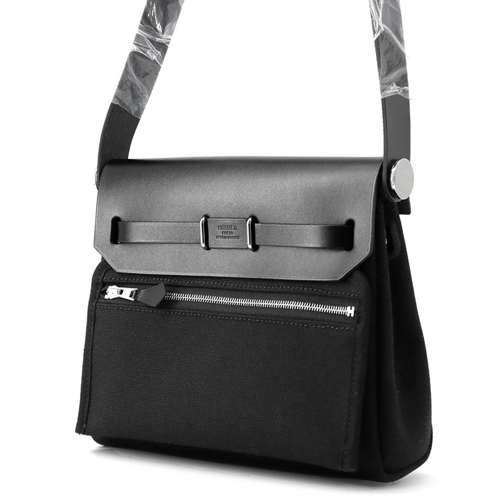 HERMES Herbag zip Black Toile Military Vache Hunter Leather Size Mini