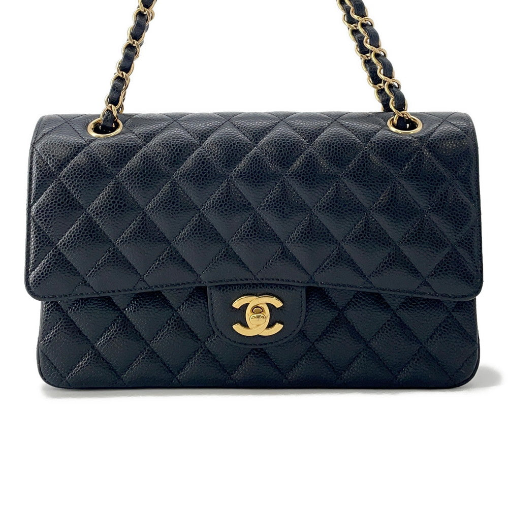 CHANEL Matelasse W-Flap W-Chain Shoulder Bag BlackA01112 Caviar Leather Size 25